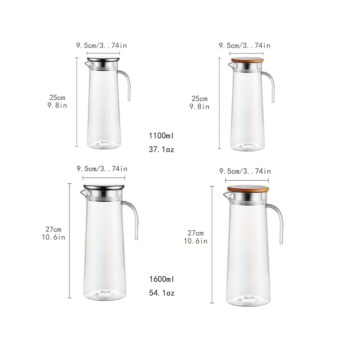 Water Pitcher With Lid, 37.1oz/54.1oz Capacity, Heavy Duty Drink Pitcher with Stainless Steel or Wooden Lid, Ideal for Serving Juice, Bubble Tea, and Other Summer Beverages. Perfect Addition to your Kitchenware Collection, Great Gift Idea for Birthdays.