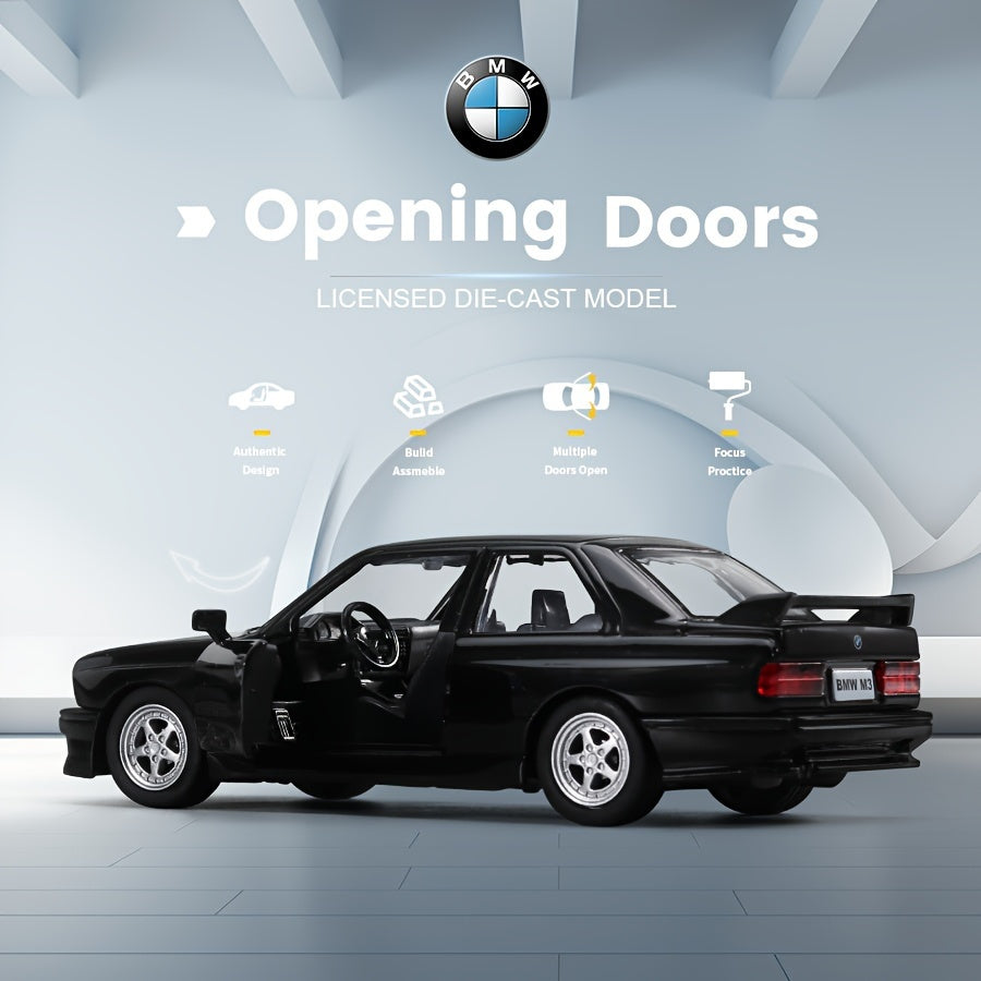 1987 BMW M3 Diecast Model - 1:36 Scale Alloy Toy Car with pull-back action in White/Black, ideal birthday gift for youngsters in winter.