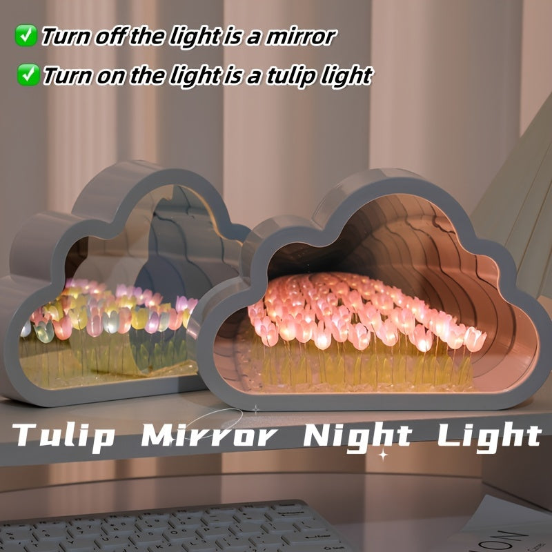 Artistic tulip cloud LED night light with mirror sea effect, handcrafted for cozy bedroom ambiance.