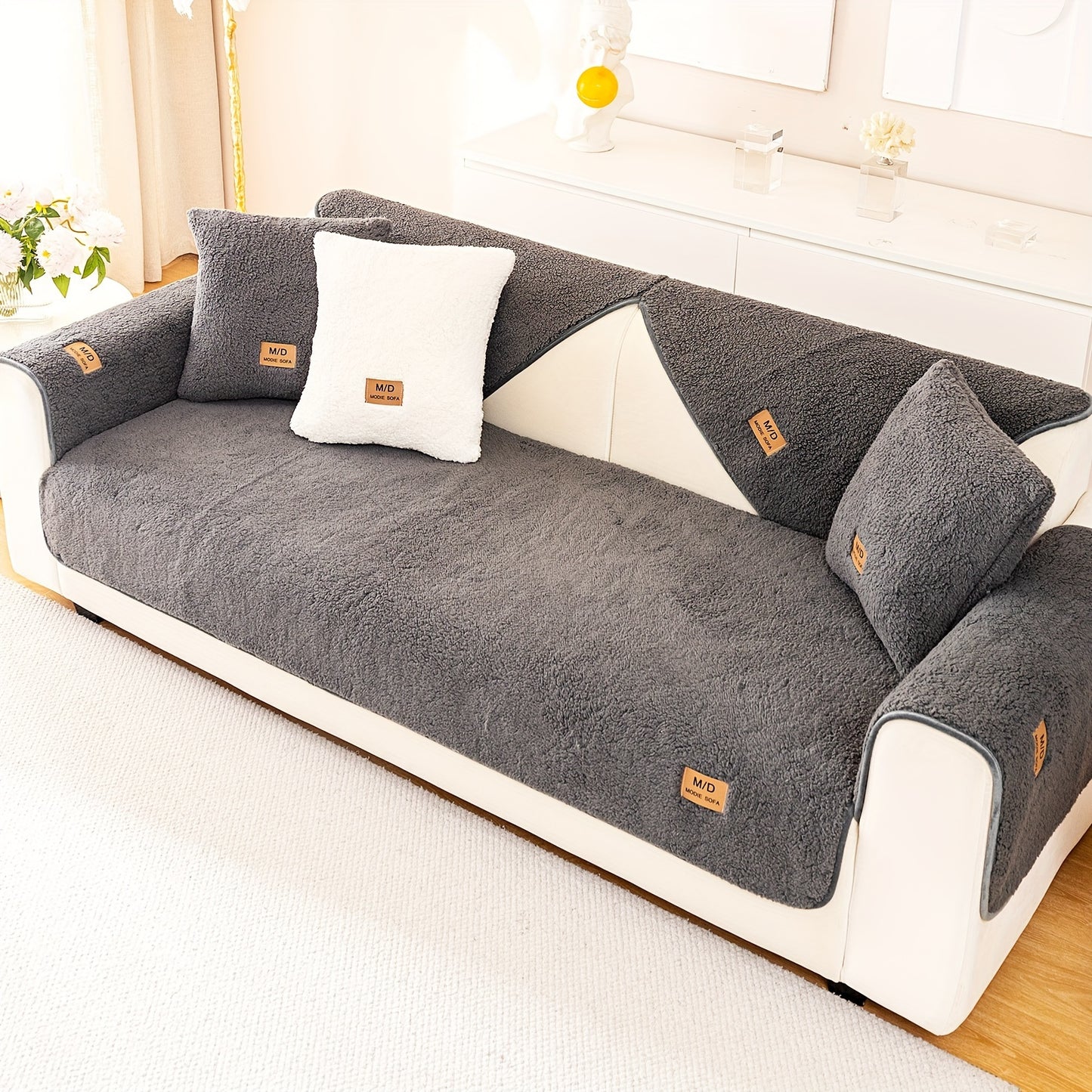 Thick Sherpa sofa cover for pets and furniture protection in bedroom, office, or living room.