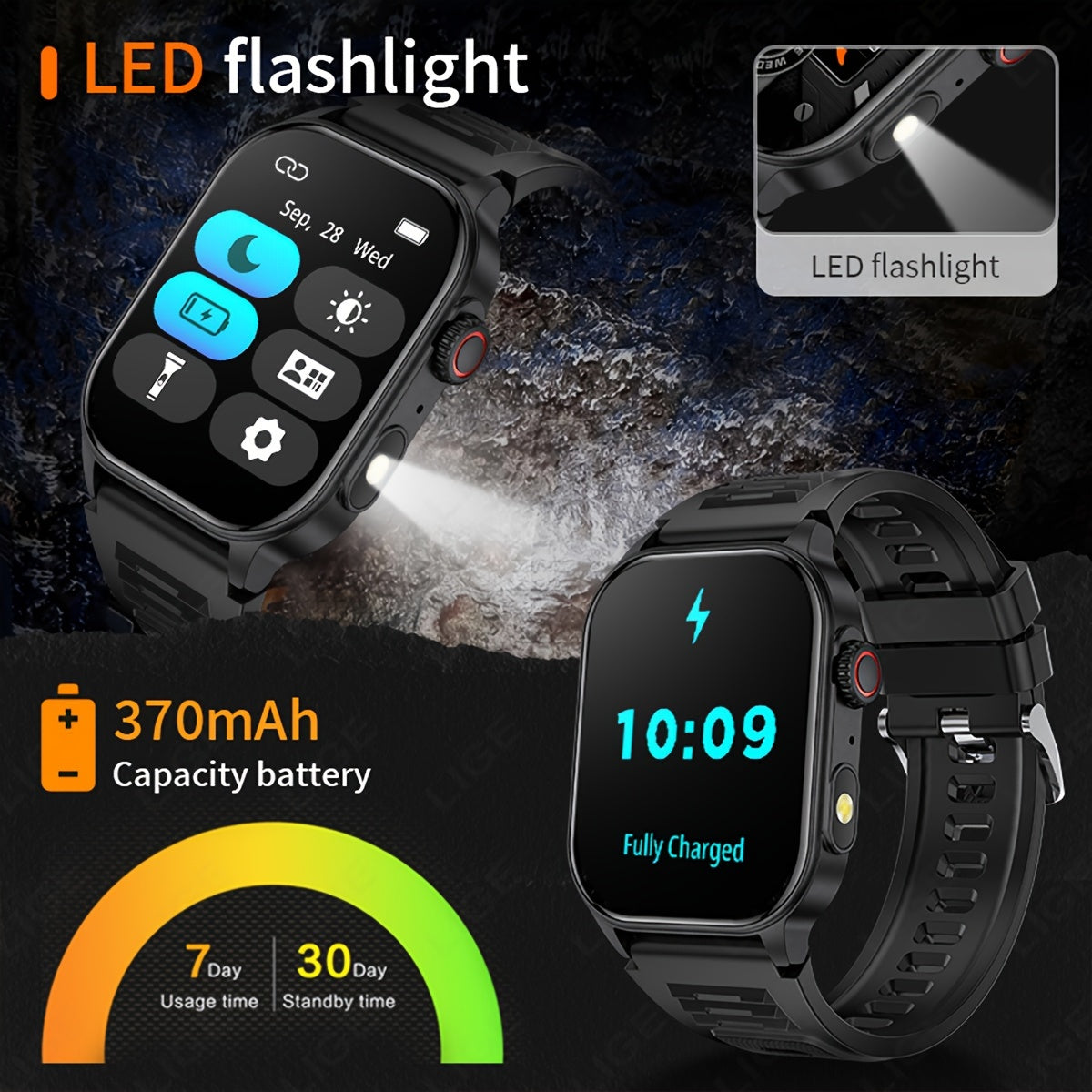 LIGE Smartwatch with 5.2 Wireless, 2.01in Screen, 370mAh Battery, Step Counting, Voice Assistant, Weather Forecast, Reminder, Remote Control, Photo Taking, Light, Sleep Monitoring.