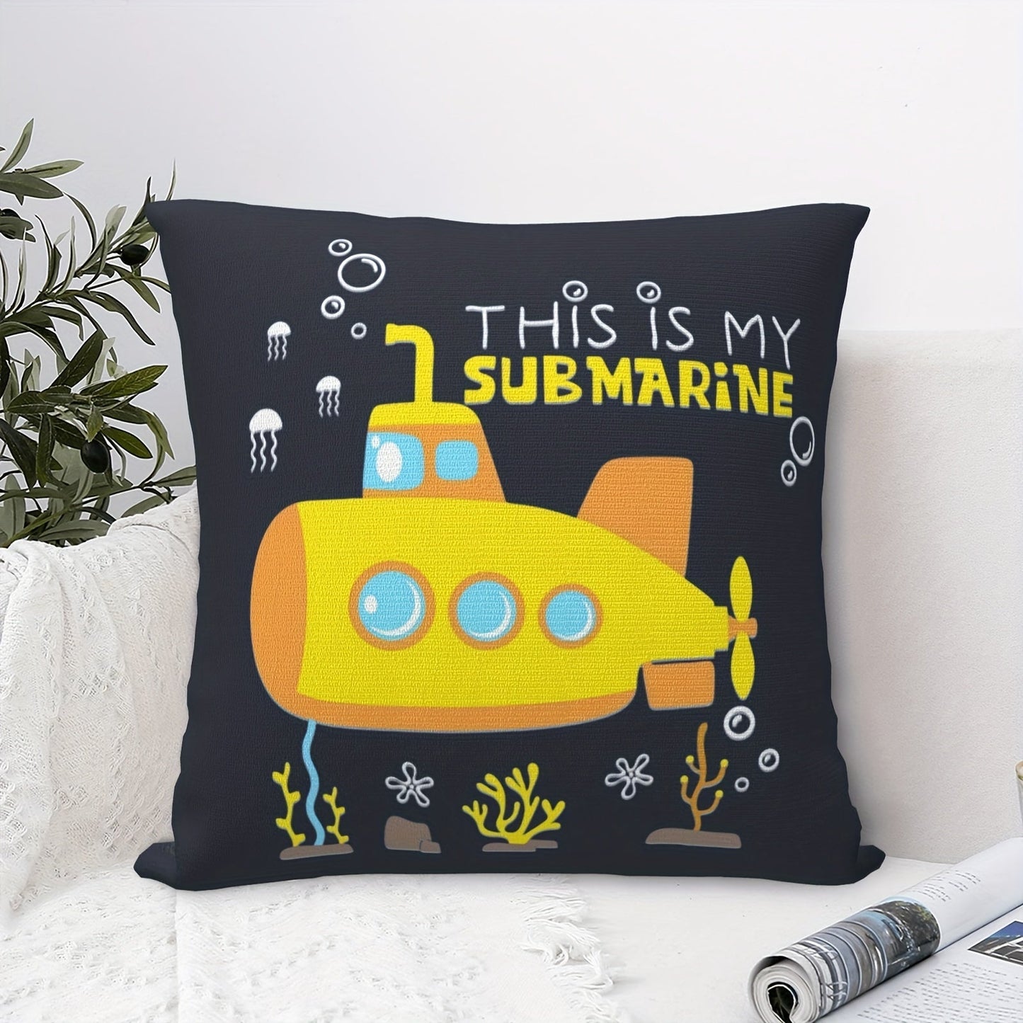 This decorative pillowcase features a fun design of a yellow submarine with the words "This is my submarine" printed on it. Measuring 45.72 x 45.72 cm, it is perfect for adding a playful touch to rooms, sofas, chairs, or bedding. Made of soft plush