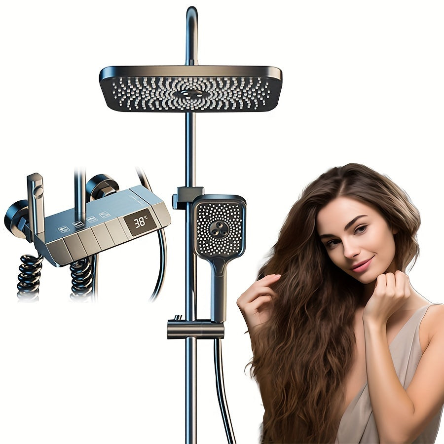 High-pressure shower head set measuring 12 inches with a 4-function handheld shower, crafted from metal and plastic. Does not require electricity or batteries, and includes a temperature display.