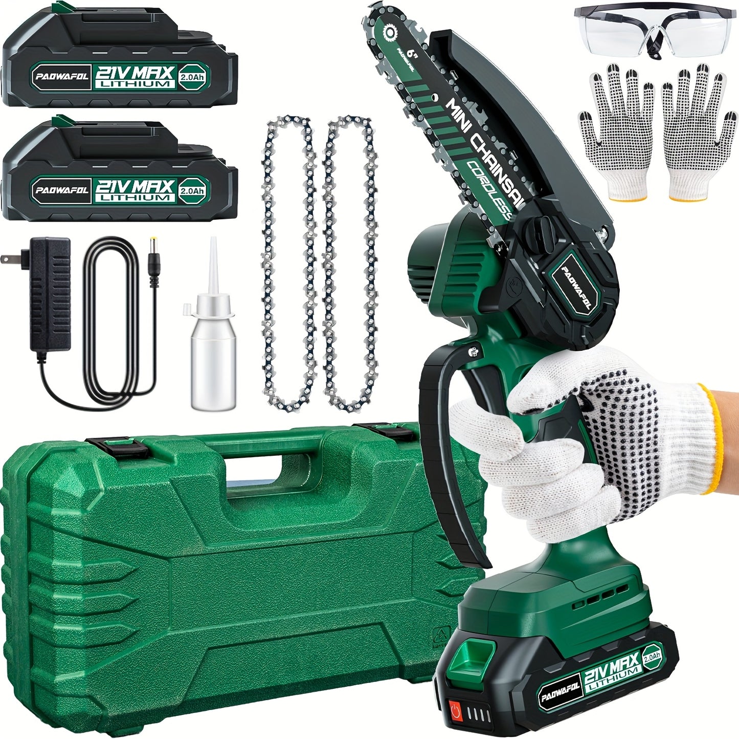 6-inch Cordless Electric Chainsaw with 2 rechargeable batteries, charger, and chainsaw batteries, ideal for cutting wood, trimming trees, and pruning garden branches.