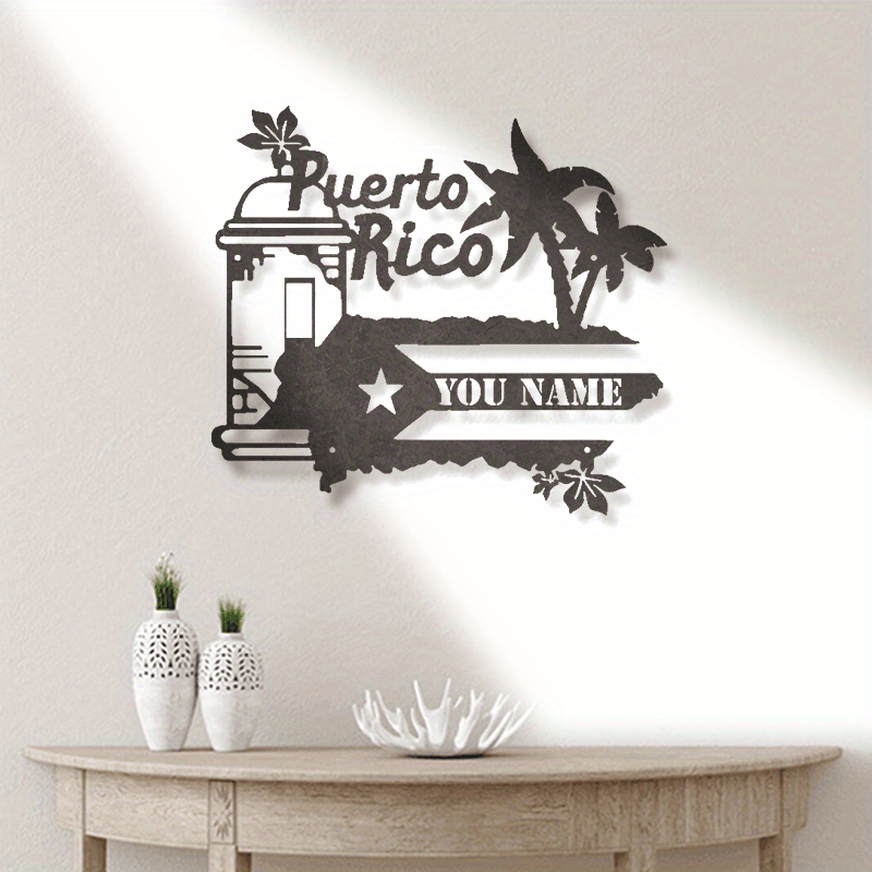 Personalized Name and Text Metal Sign featuring Custom Puerto Rico Flag Design - Stylish Wall Art for Home and Nursery Decor, Suitable for Indoor and Outdoor Use