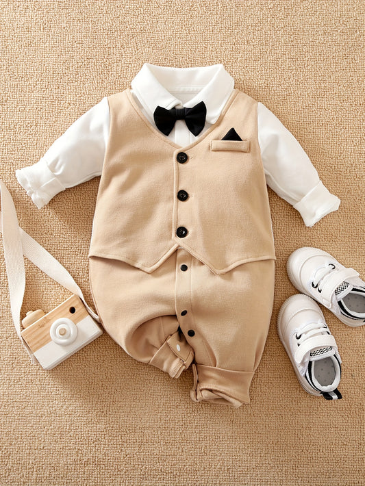 Baby's Gentleman Bowknot Cotton Long Sleeve Romper, ideal for Spring and Fall outdoor wear.