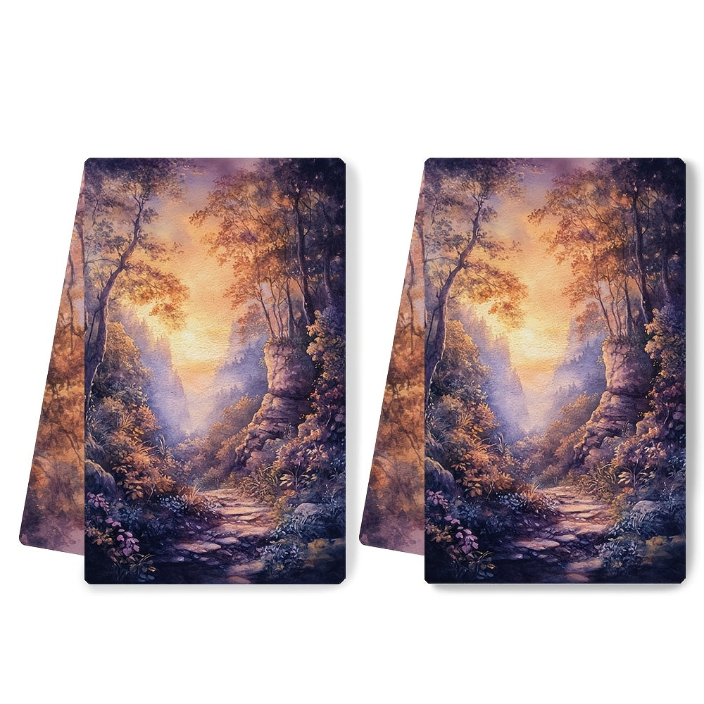 Set of 2 Ultra Soft Kitchen Towels featuring a Magical Forest Dawn Scene, Super Absorbent & Easy-to-Clean Dish Hand Towels, 40.64x60.96 cm, Beautifully Designed Nature-Inspired Decor for your Home, Perfect for Drying Dishes