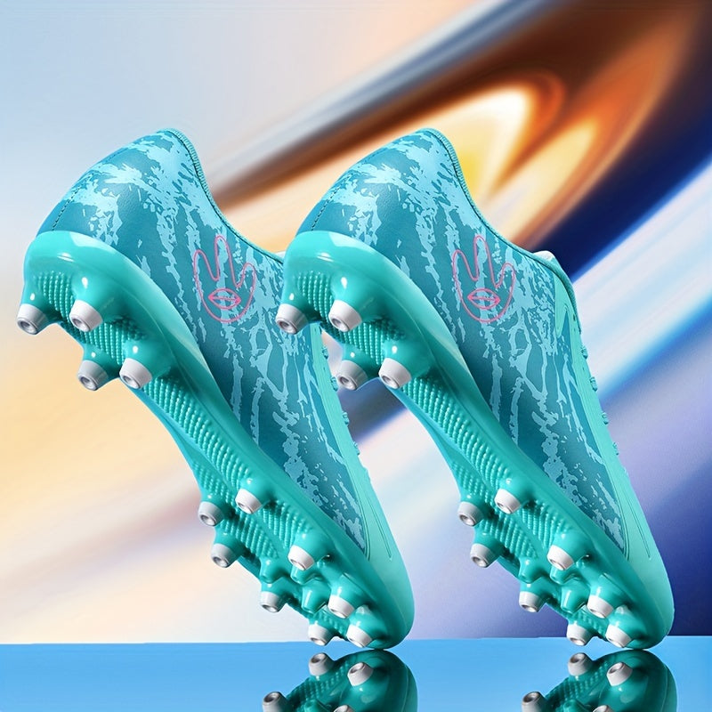 Turquoise & Pink Camo High-Top FG Football Boots with Non-Slip Sole, Shock-Absorbing Technology, and Comfortable Fabric Lining for All-Season Soccer Training