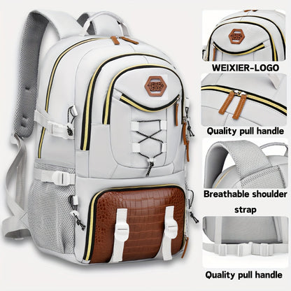 WEIXIER Men's Stylish Multifunctional Backpack in White & Brown with Large Capacity for Laptop, Travel, School & Work, Durable Nylon with Crocodile Texture - Perfect Gift for Friends &