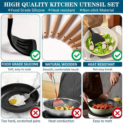 Set of 43 Silicone Cooking Utensils with Wooden Handle - Non-Stick and Heat Resistant Spatula Set for Baking, Cooking, and Mixing. Includes Holder for Best Kitchen Gadgets and Accessories.