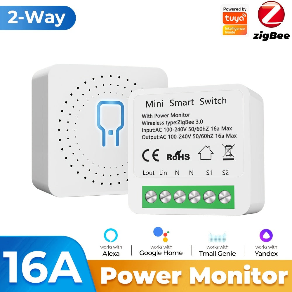 2-Way Mini WiFi Smart Power Switch, 16A, ZigBee, Tuya Smart Life App, Voice Control with Alexa & Google Home, Non-Waterproof, App-Controlled, Flush Mount for Electronics and Audio Systems -