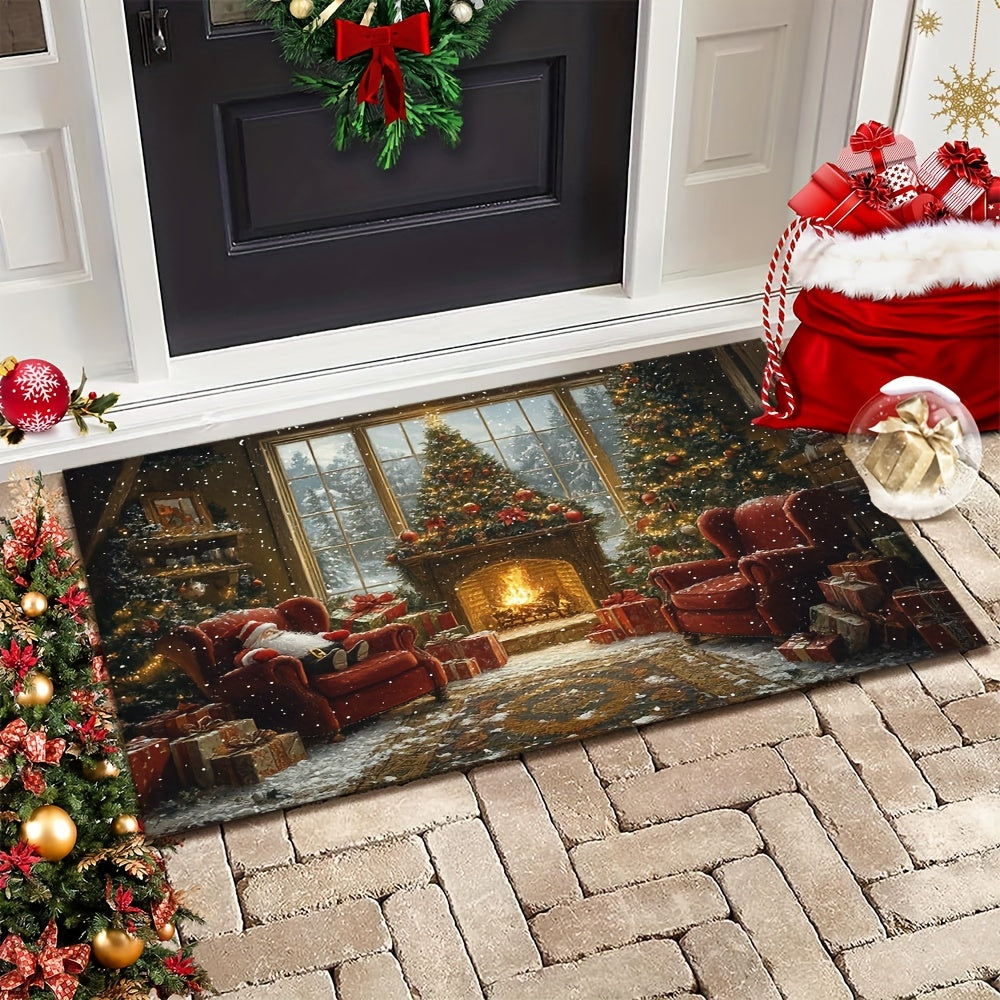 Non-Slip Rubber Backed Christmas Holiday Doormat featuring Santa Claus and Fireplace Design, Washable Polyester Rectangular Entrance Mat with Festive Xmas Tree Floor Decoration. This lightweight braided rug is the perfect addition to your holiday décor.