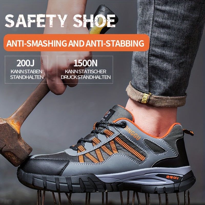 Durable steel toe work shoes with puncture-proof, non-slip and shock-absorbing features.