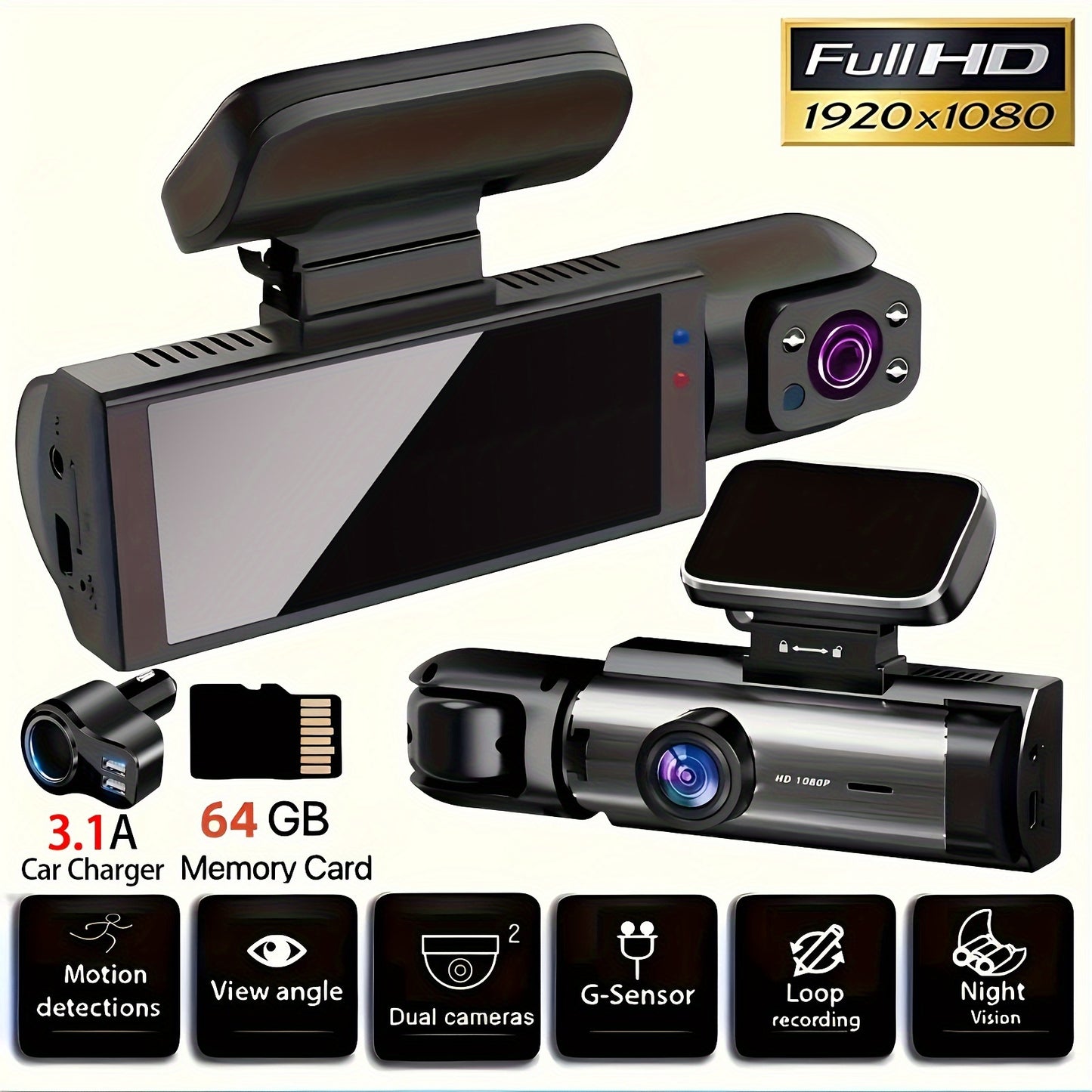 1080P HD Dual-Lens Car DVR with 64GB memory card, fast car phone mount, 12-hour recording, auto loop, gravity sensor, aluminum cooling case, 8.03cm IPS screen - Fit.