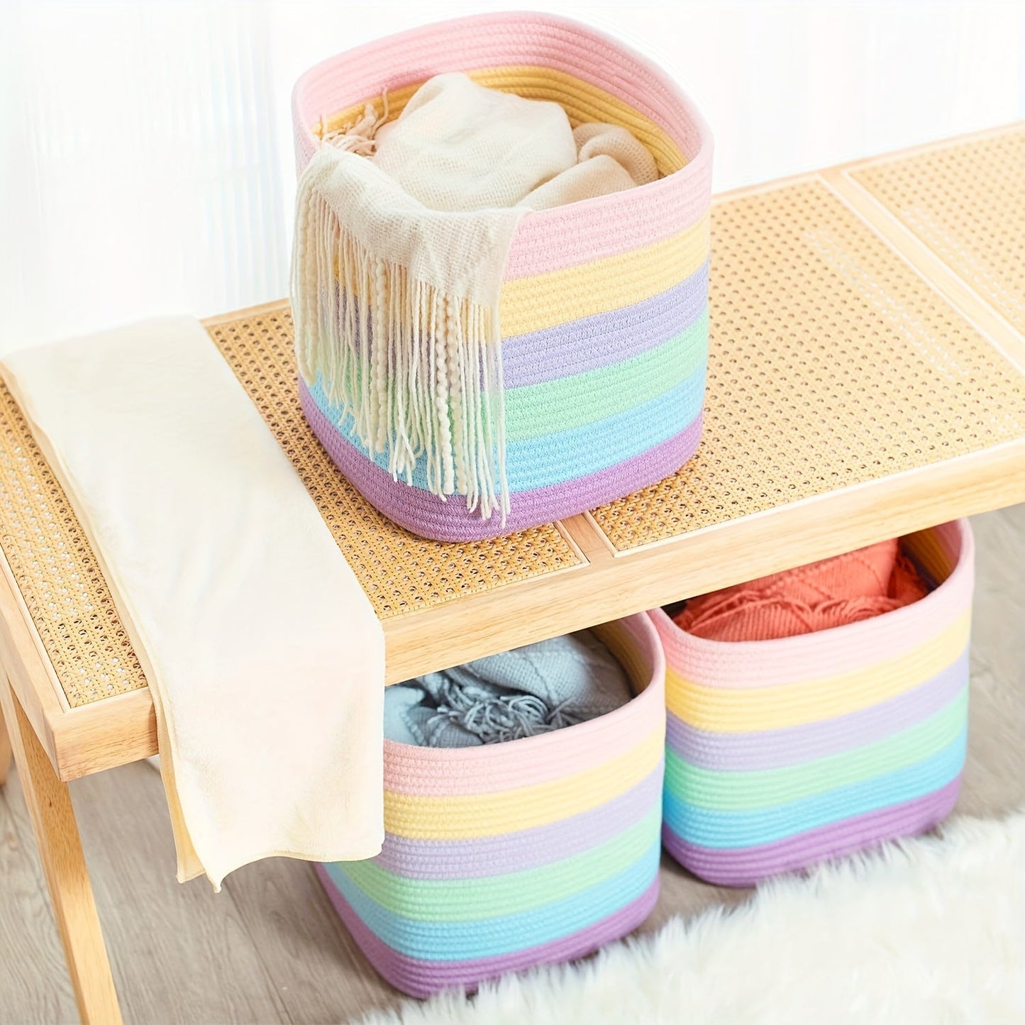 Set of 3 Rainbow Woven Storage Cubes, 27.94x27.94 cm - Stylish Square Bins for Organizing Closets, Classrooms, and Bathroom Shelves