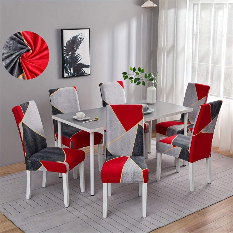 Set of 4/6 elastic dining chair slipcovers with geometric print for home, hotel, restaurant, banquet decor protection.