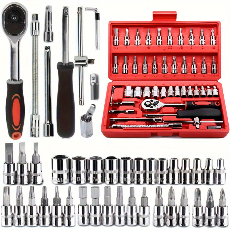 46-piece tool set for car and bike repair, including ratchet torque wrench, screwdriver, socket wrench, and combination tools.