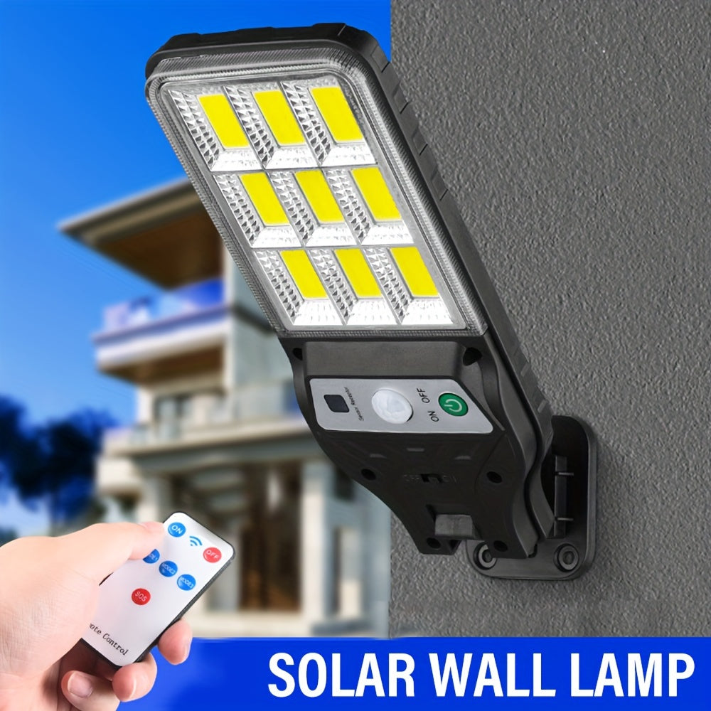 Motion sensor solar wall light with 9COB LED, remote control, 3 modes, and infrared for outdoor security.