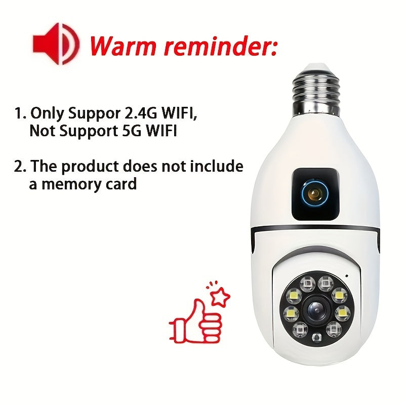 New: "Introducing the 1pc Panoramic Light Bulb Security Camera with Dual Camera technology. This E27 WiFi camera is perfect for home and outdoor surveillance, compatible with smartphones and featuring smart motion detection and two-way audio