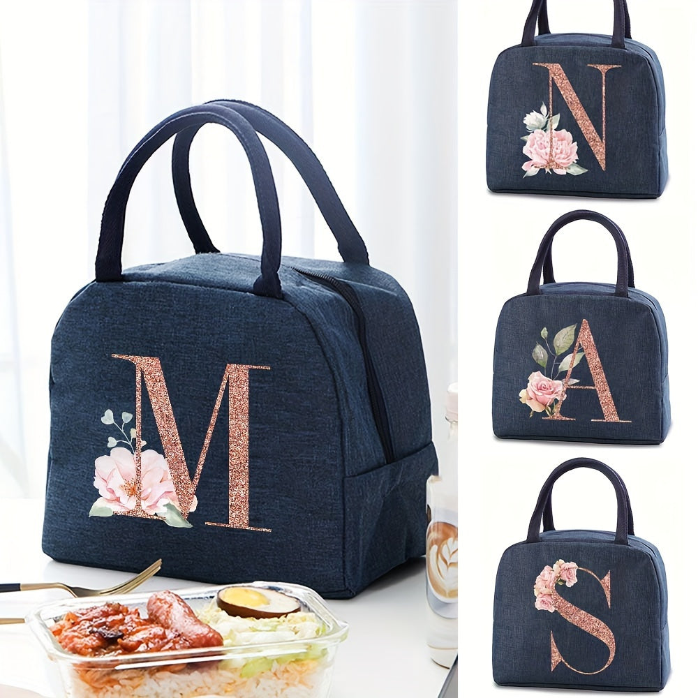 Insulated lunch bag with monogram, featuring a rose gold design. Made of waterproof, leakproof, BPA-free polyester material. Includes a square thermal food storage compartment with an ice compartment. Easily washable by hand. Perfect for school, office