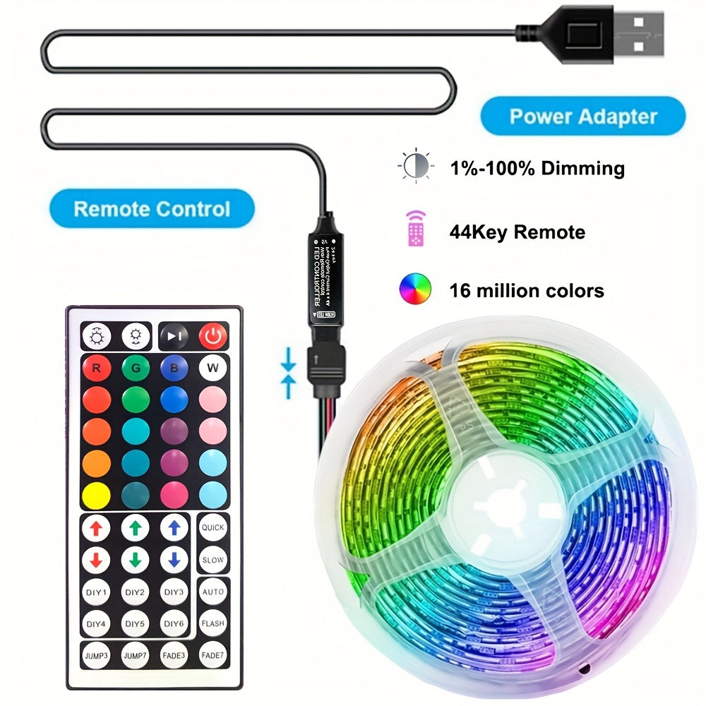 Control LED strip lights wirelessly with an infrared remote to customize RGB lighting and decorate living room atmosphere with flexible ribbon lamp string.