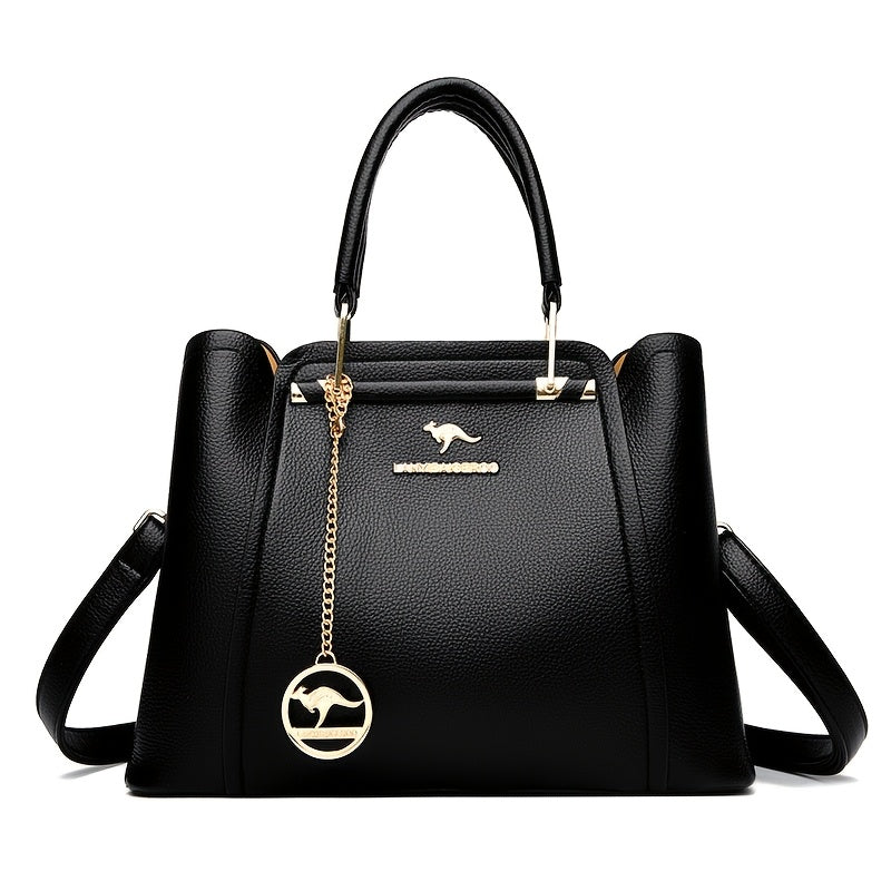 Stylish black synthetic leather handbag for women, with detachable shoulder strap, golden-tone hardware, and anti-theft design. Perfect for work, parties, and gifts.