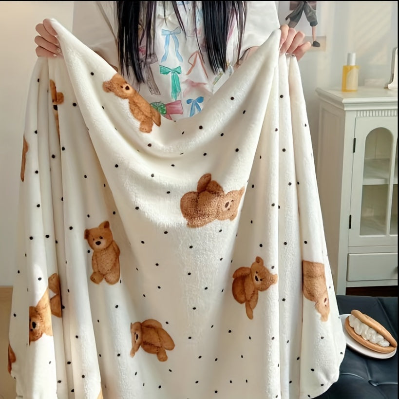 Soft fleece throw blanket featuring a cute bear and puppy print. Made with ultra-soft digital print polyester that is suitable for all seasons. Lightweight and machine washable, perfect for use on the sofa, bed, or for an office nap. Contemporary style