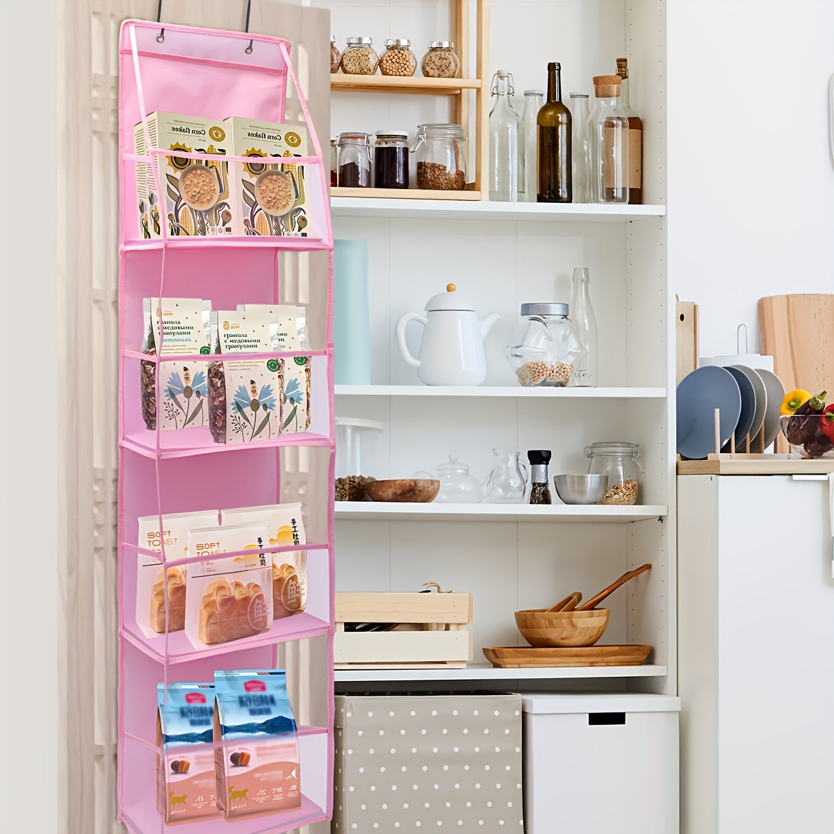 1pc Over-the-Door Storage Organizer with 4 Baskets, Transparent Window Pockets for Cosmetics, Toys, and More. Perfect for Dollhouse, Bedroom, or Cloakroom. Available in White, Pink, or Grey. Foldable and Hand Washable.