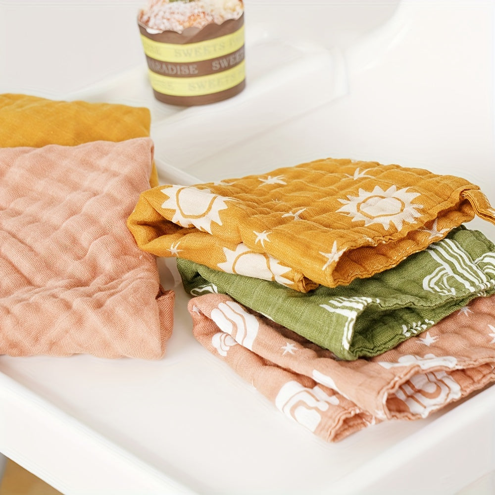 Set of 5 Bamboo Muslin Square Towels, 4 Layers of Soft Bath Towels, Featuring Cute Prints and Solid Colors - Perfect for Burp Cloths