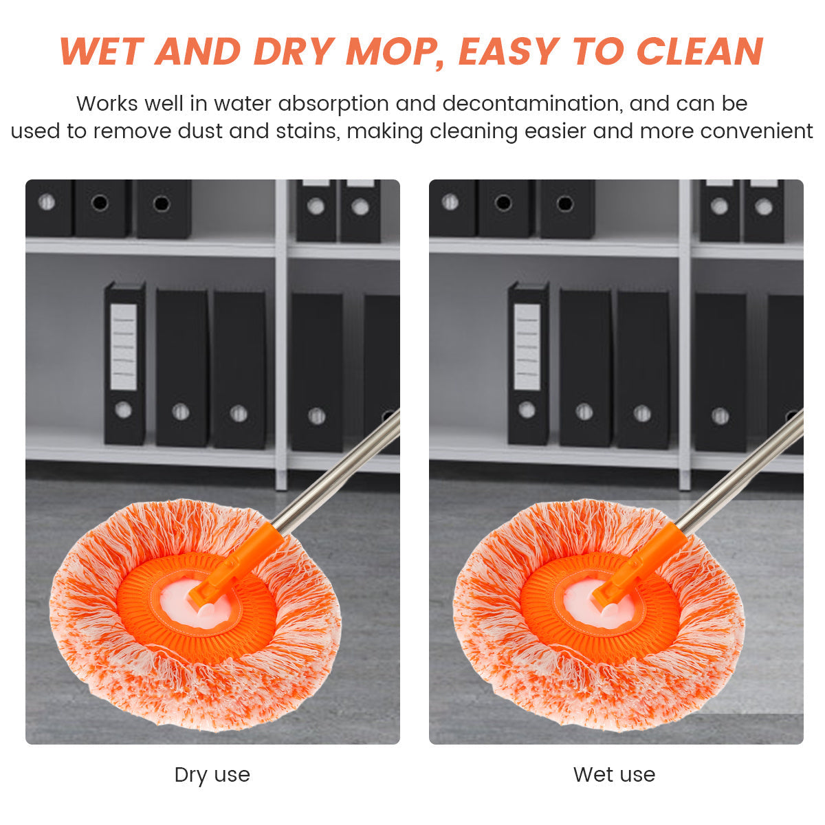 Mop suit with 360 ° rotating feature, round microfiber mop head that is dust-proof. Includes 4 sturdy steel pipes for support and 2 replacement mop heads for effective wall cleaning.