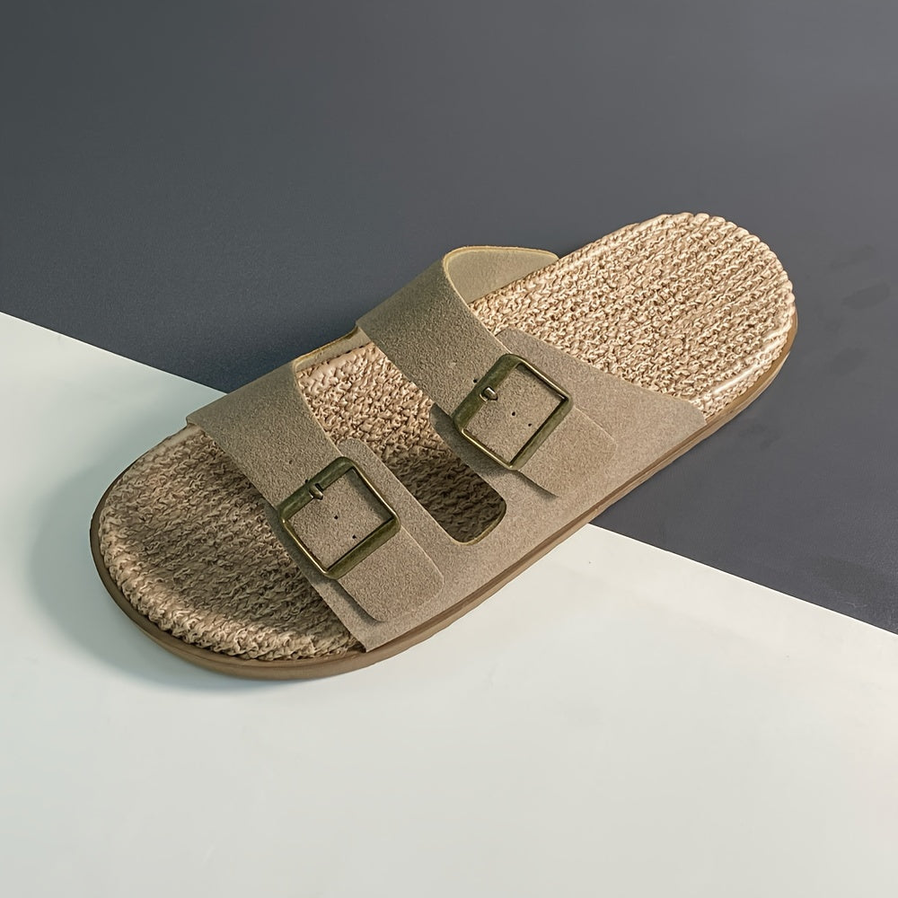 Vintage open toe slippers with non-slip double buckle straps for men.