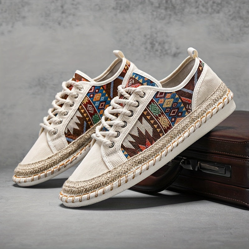 Trendy tribal sneakers with lace-up design, lightweight espadrilles, durable non-slip sole, breathable summer shoes for women.