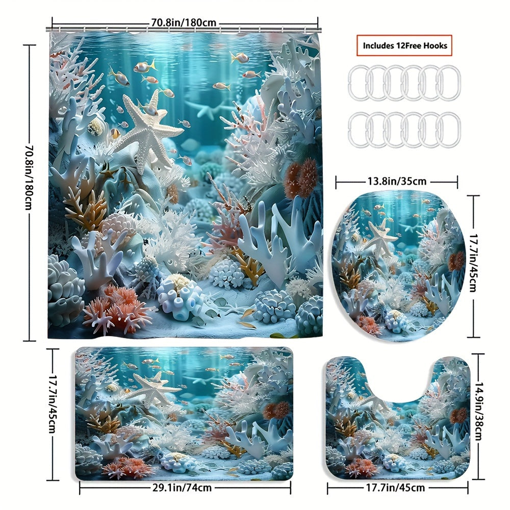 Ocean style shower curtain set with shell and starfish print, includes waterproof curtain, non-slip floor mat, toilet seat cover, bathroom mat, 12 plastic hooks for home decoration.