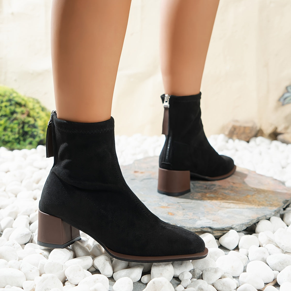 Elegant ankle booties for women with square toe, flannel upper, rubber sole, block heel, and zipper closure - ideal for fall season comfort.