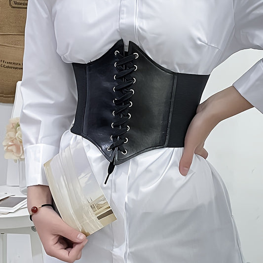 Vintage style lace-up black corset belt with adjustable straps, ideal for evening wear and dresses.