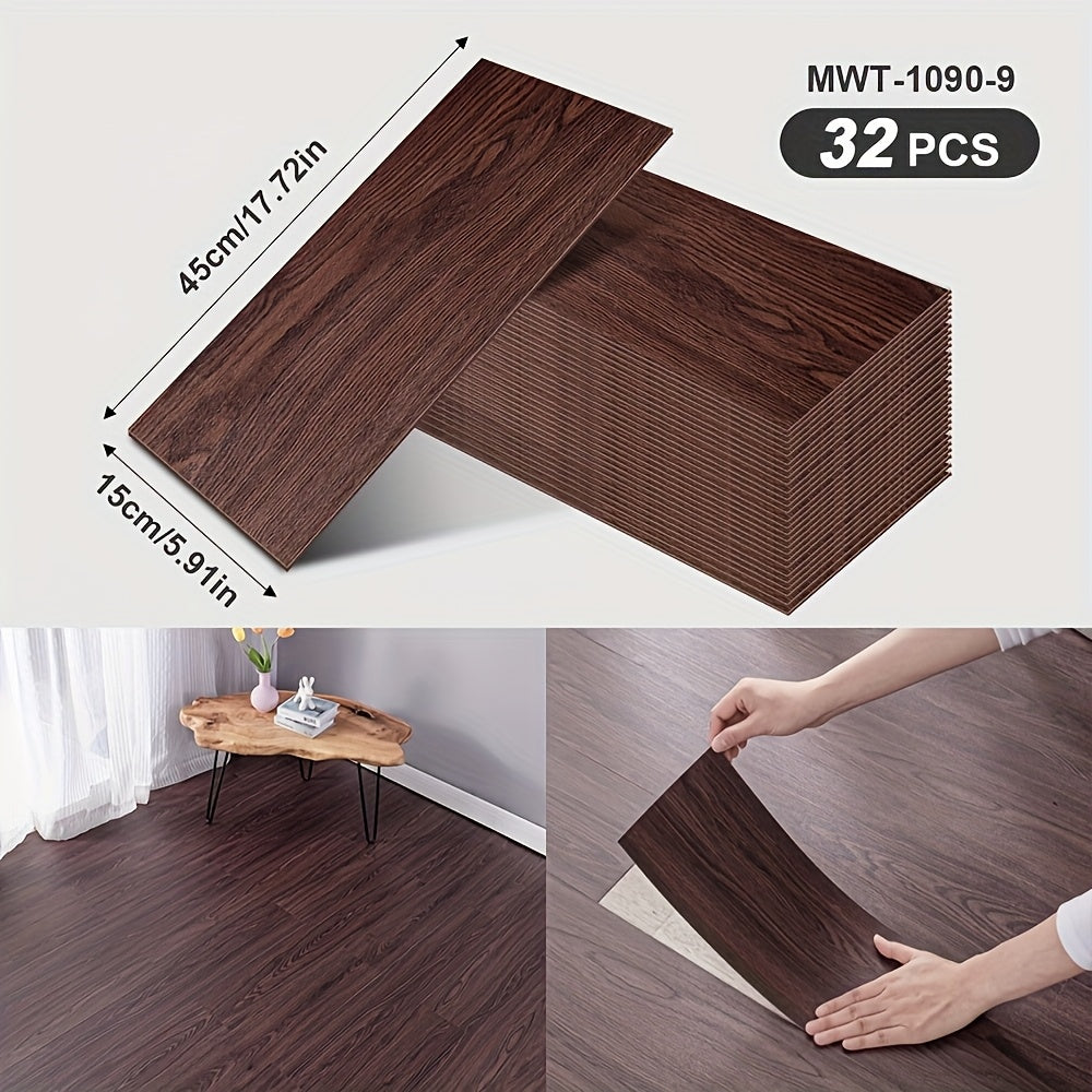 32 peel and paste floor tiles with wood grain design, 45cmx15cm, self-adhesive, waterproof, suitable for bedroom and home decor.