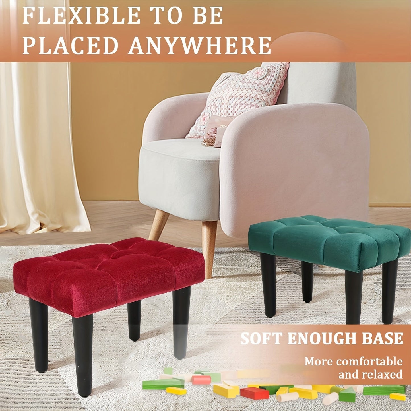 Small Footstool Ottoman, Velvet Soft Ottoman with Wood Legs, Perfect for Extra Seating in Living Rooms, Entryways, and Offices