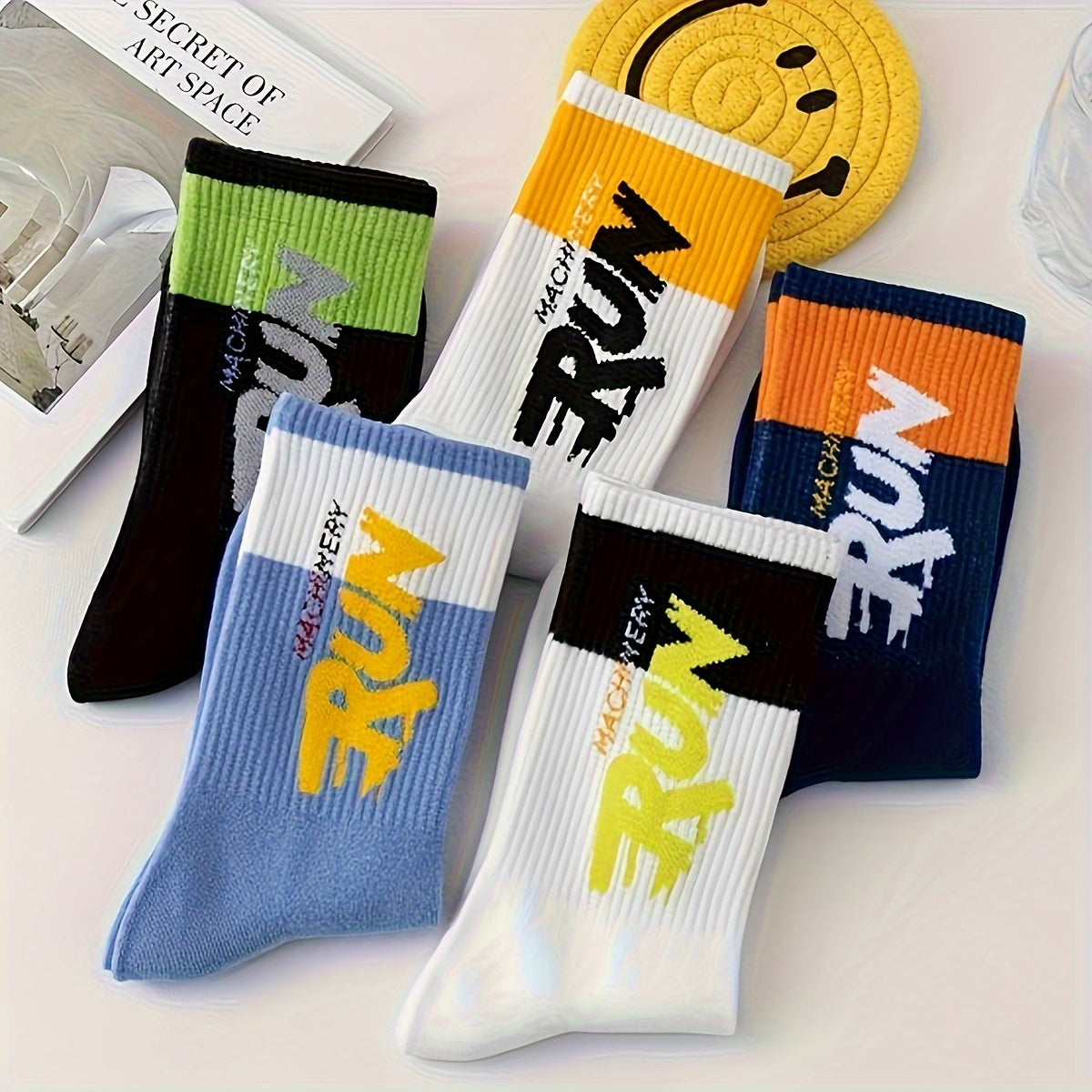 Men's mid-calf crew socks with 5 pair letter pattern, perfect for outdoor sports.