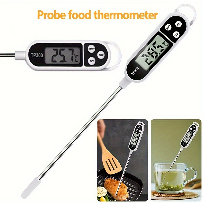 Stainless steel digital food thermometer TP300 with probe, ideal for BBQ, cooking, and baking. Dual display in Celsius & Fahrenheit, battery-operated kitchen tool.