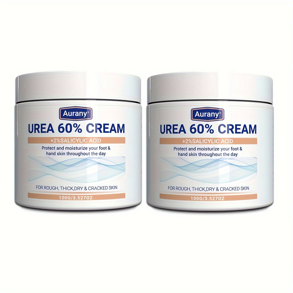 Two pieces of Urea Cream 60% with 2% Salicylic Acid, suitable for dry skin on feet, knees, and elbows. Moisturizes and protects foot skin all day. 100g.