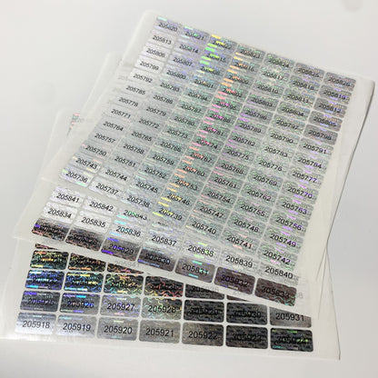 273/588 Tamper Evident Hologram Seals with Unique Serial Numbers, Genuine Labels, Adhesive PET, Rectangle, Gloss Finish, English Text, Single Use, 20x10mm