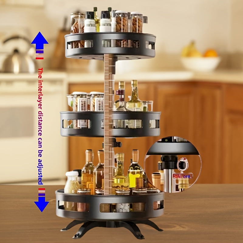 Rotating Metal Spice Rack with Adjustable 3 Tiers, Perfect for Organizing Seasoning Bottles, Cans, and Snacks on Countertop Shelf