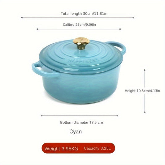 Set of three enamel cast iron pot with non-stick coating - sized at 22cm, 24cm, and 26cm. Equipped with dual handles, perfect for cooking soups and stews on induction stoves.