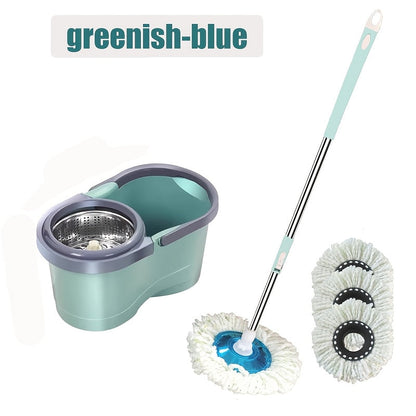 The Spin Mop and Bucket Set includes 6 pieces and comes with 4 Microfiber Heads. This manual floor cleaning system does not require electricity, making it easy to use. It features easy wringing and is suitable for the living room, kitchen, and bathroom.