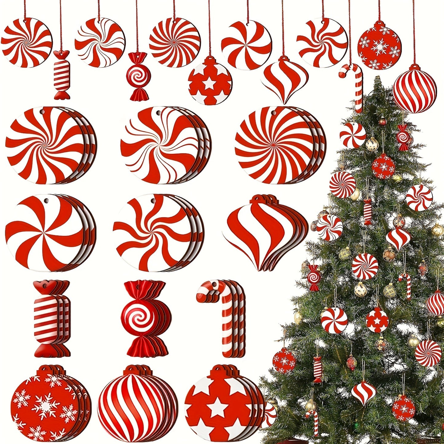 24 wooden Christmas candy ornaments for decorating tree at Christmas parties.