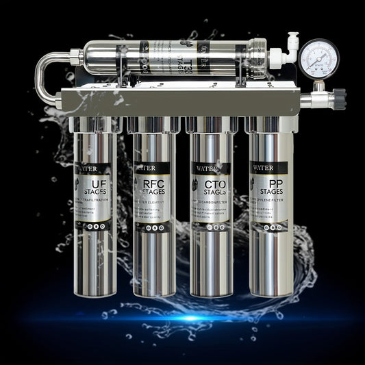 Stainless Steel Kitchen Water Filter with 5 Stages - Removes Activated Carbon and Sediment, Operates Without Electricity