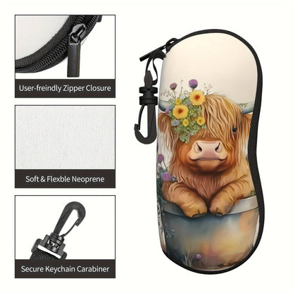 Trendy Highland Cow Print Glasses Case - Stylish, Convenient Neoprene Eyewear Pouch with Zipper and Belt Clip for Women, Chloroprene Safety Bag