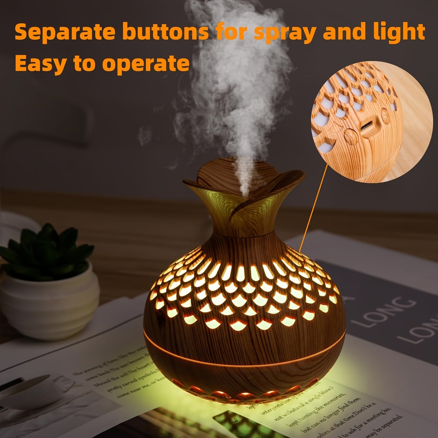 YETHKE Wooden Soundwave Humidifier with Essential Oil Diffuser - USB Powered, Cool Mist Maker for Home Comfort.