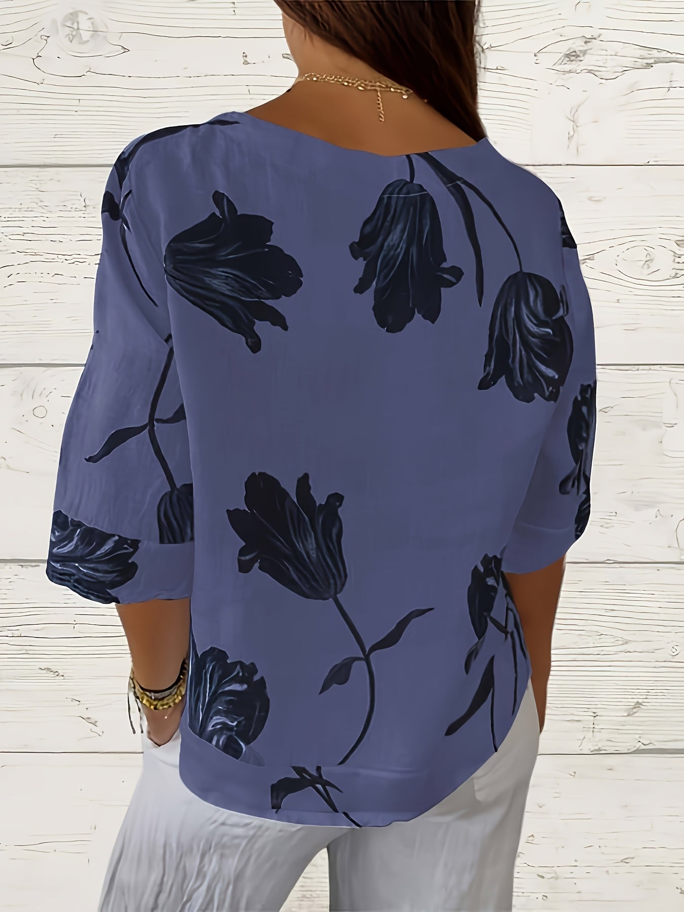 Print Plus Size Floral V-Neck Blouse with Button Detail - Casual Half Sleeve, Non-Stretch Polyester Blend for Women.