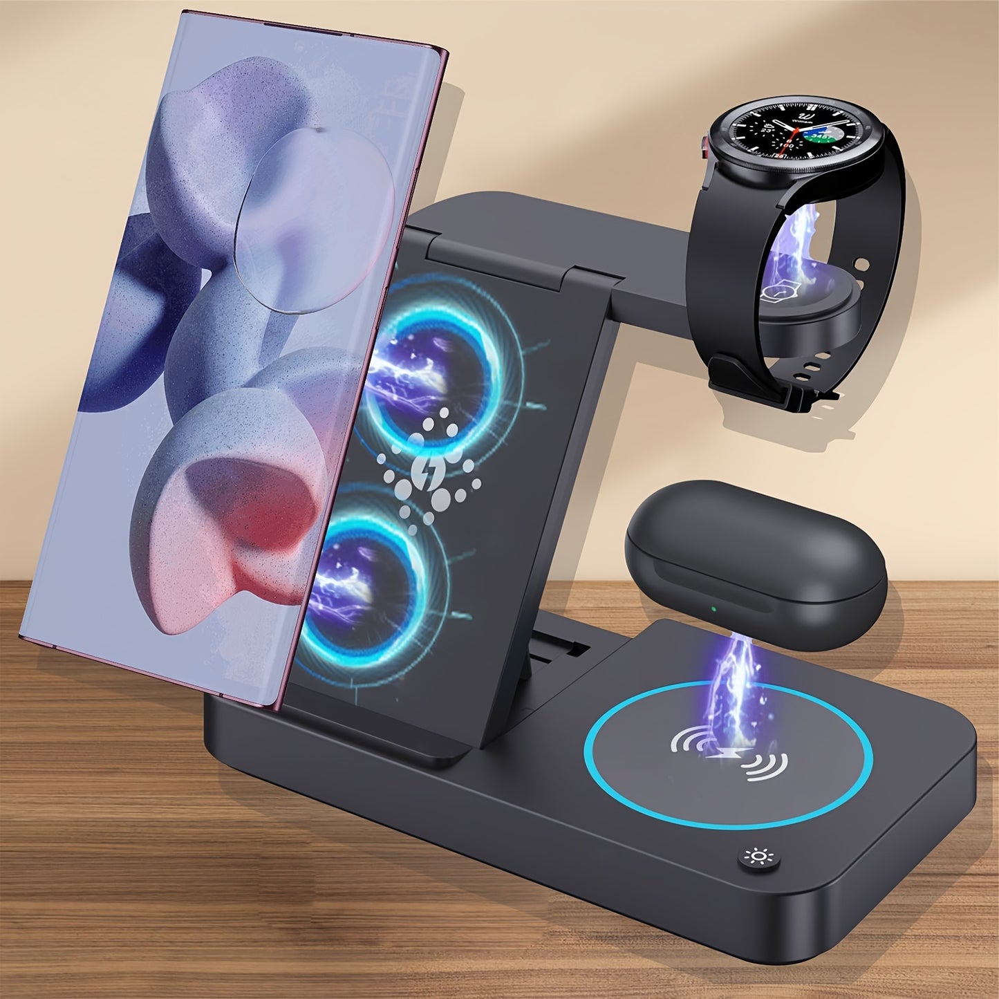 4-in-1 fast wireless charger compatible with Samsung devices and multiple android phones, includes LED night lights.